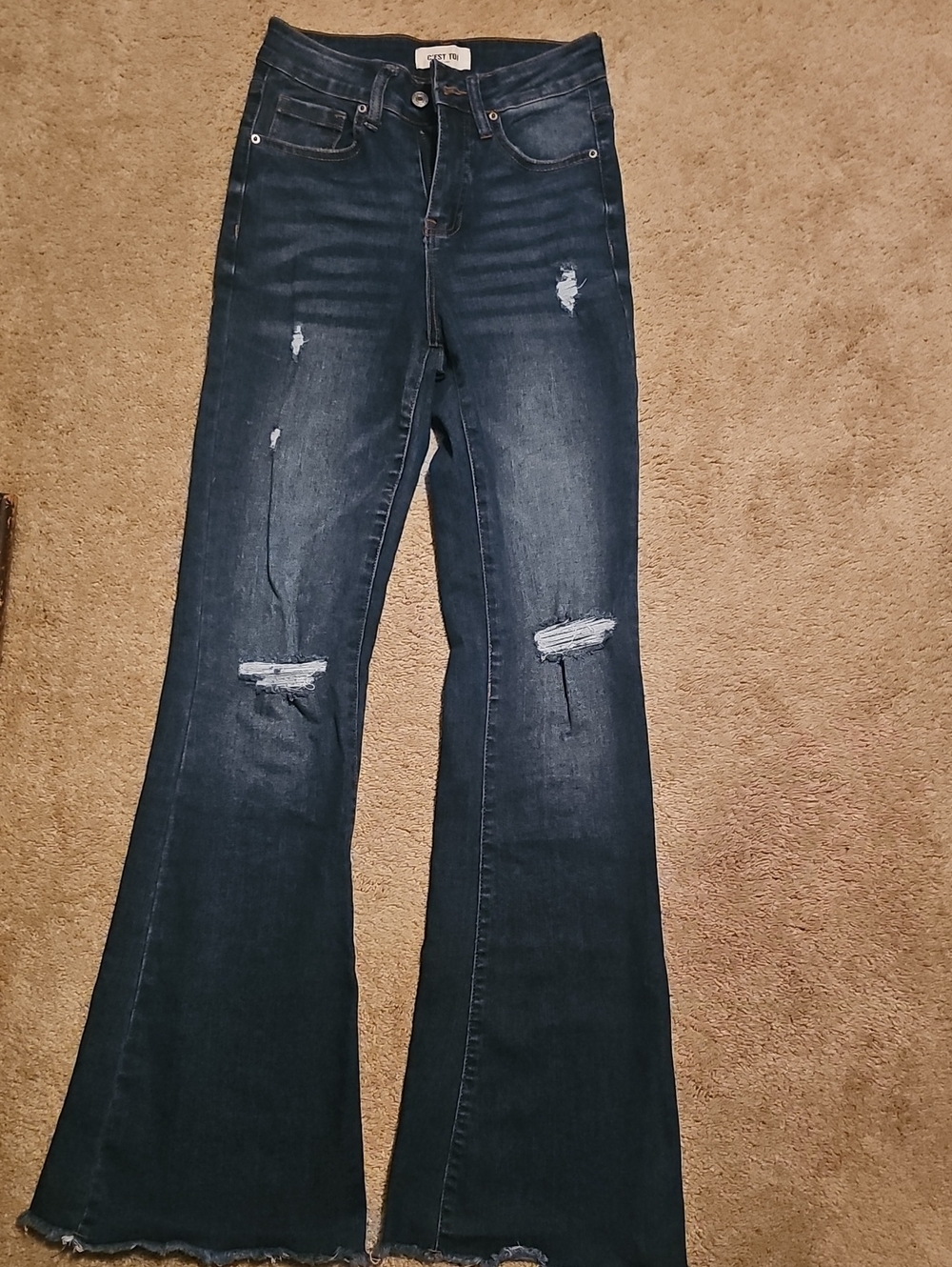 Dark Blue Distressed Flare Jeans by Unknown